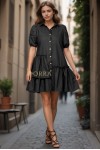 Rochie scurta Mariara din bumbac negru, cu croiala larga si nasturi