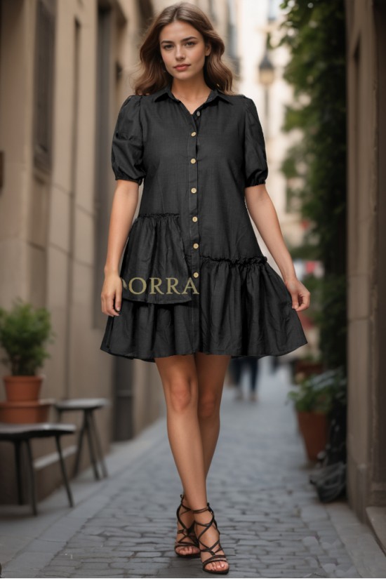 Rochie scurta Mariara din bumbac negru, cu croiala larga si nasturi