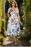 Rochie midi Rylie crem cu imprimeu pastel, croiala clos si buzunare