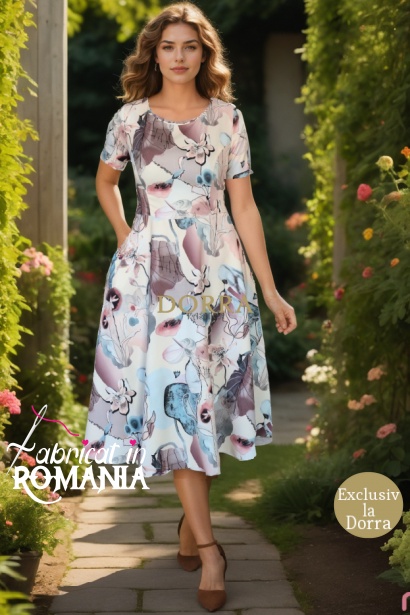 Rochie midi Rylie crem cu imprimeu pastel, croiala clos si buzunare