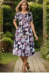Rochie midi Rylie gri cu accente bordeaux, croiala clos si buzunare