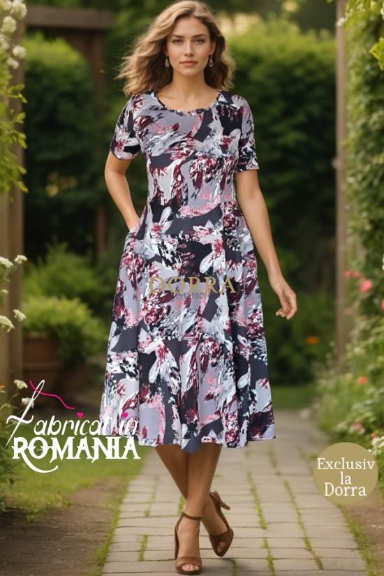 Rochie midi Rylie gri cu accente bordeaux, croiala clos si buzunare