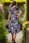 Rochie midi Rylie gri cu accente bordeaux, croiala clos si buzunare