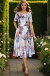 Rochie midi Rylie ivoire cu accente caramizii, croiala clos si buzunare
