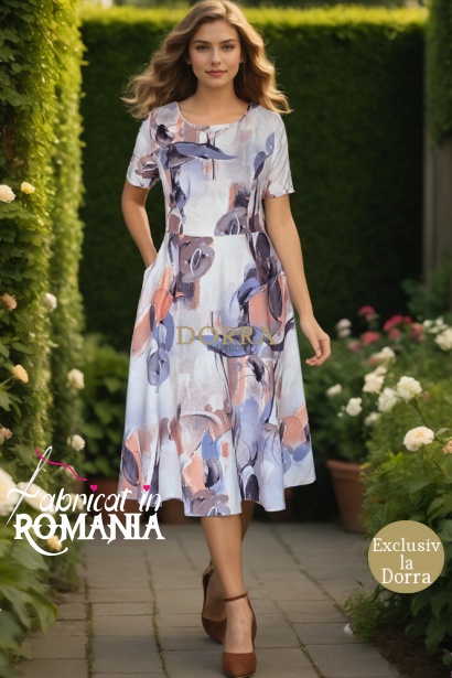 Rochie midi Rylie ivoire cu accente caramizii, croiala clos si buzunare