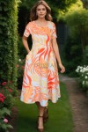 Rochie midi Rylie cu imprimeu galben/portocaliu, croiala clos si buzunare