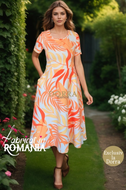 Rochie midi Rylie cu imprimeu galben/portocaliu, croiala clos si buzunare