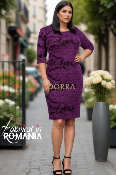 Rochie marime mare Wendy din jerse mov cu imprimeu din catifea